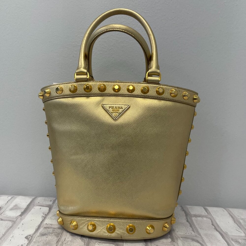 Prada Metallic Gold Saffiano Leather Vernice Studded Bucket Bag - Preowned